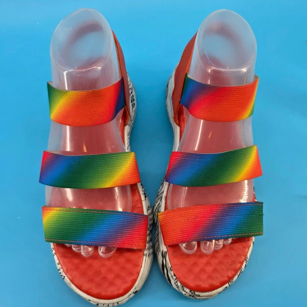 Rouge‎ Helium Rainbow Elastic Strap Newsprint Platform Sandals Red Womens 37.5